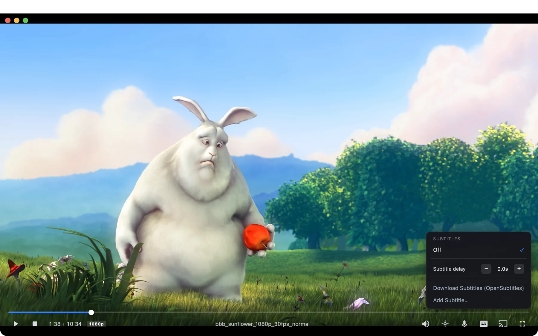 The Spritz player window showing Big Buck Bunny paused at 1:38, with the Subtitles menu open: subtitle delay, Download Subtitles (OpenSubtitles) and Add Subtitle.